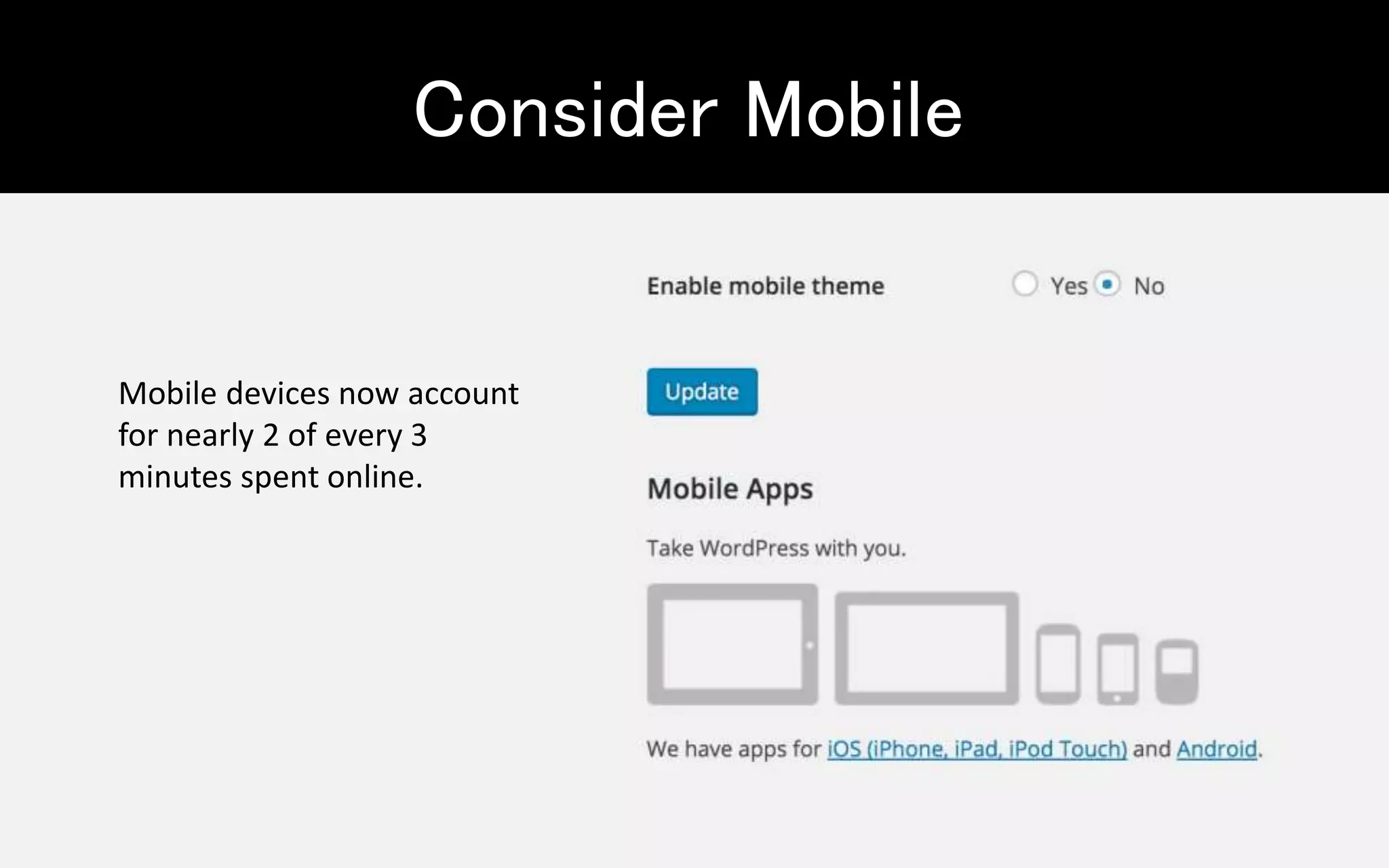 Mobile devices now account
for nearly 2 of every 3
minutes spent online.
Consider Mobile