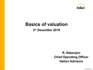 Basics of valuation   3 rd  December 2010 R. Natarajan Chief Operating Officer Helion Advisors 