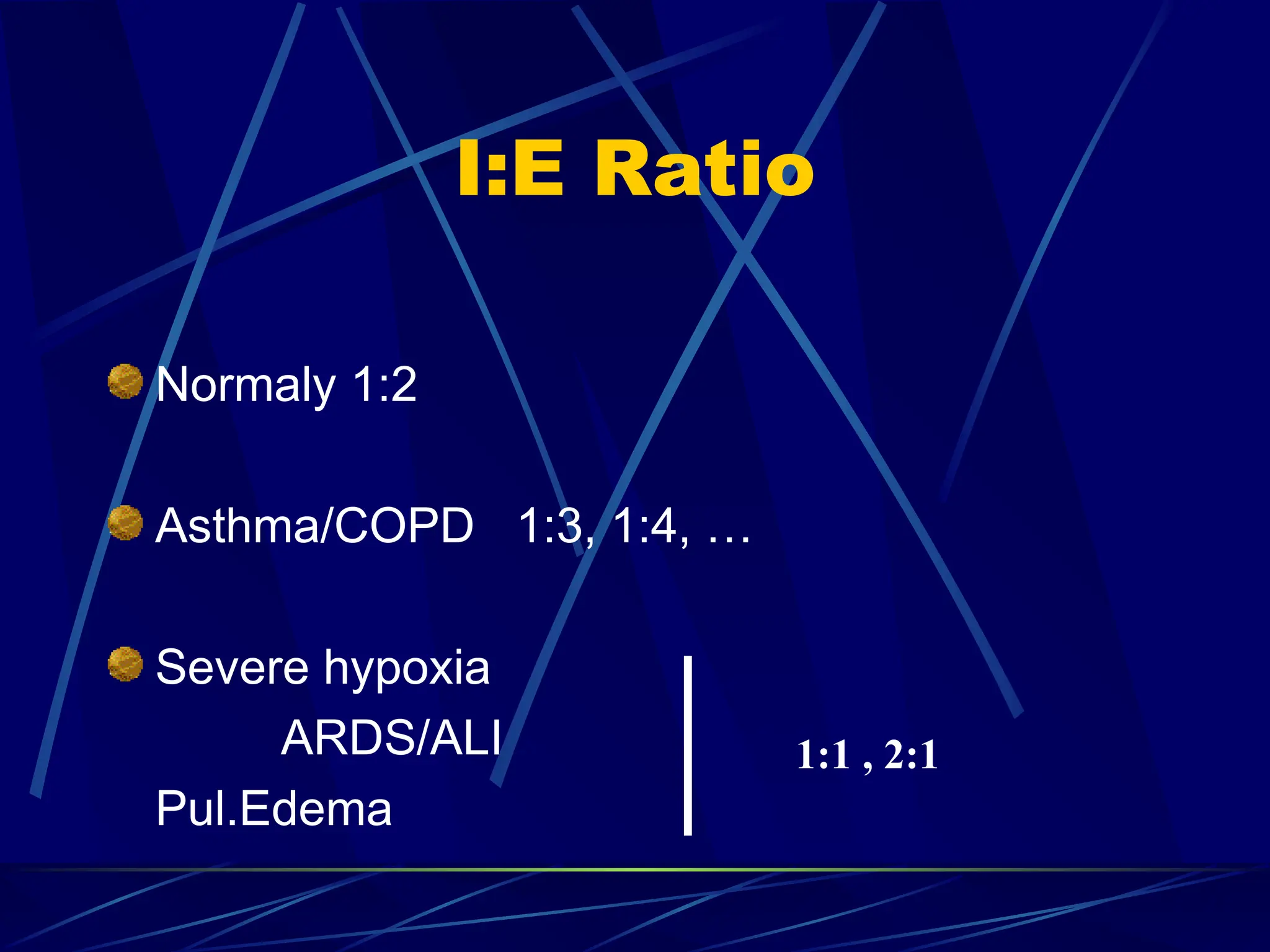 I:E Ratio
Normaly 1:2
Asthma/COPD 1:3, 1:4, …
Severe hypoxia
ARDS/ALI
Pul.Edema
1:1 , 2:1
 