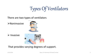 Types Of Ventilators
There are two types of ventilators
Noninvasive
 Invasive
That provides varying degrees of support.
3/25/2024 Basics Of Ventilator BY Rashid Arshad 3
 