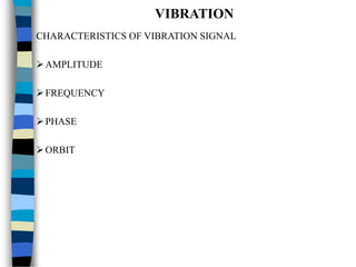 VIBRATION
CHARACTERISTICS OF VIBRATION SIGNAL
AMPLITUDE
FREQUENCY
PHASE
ORBIT
 