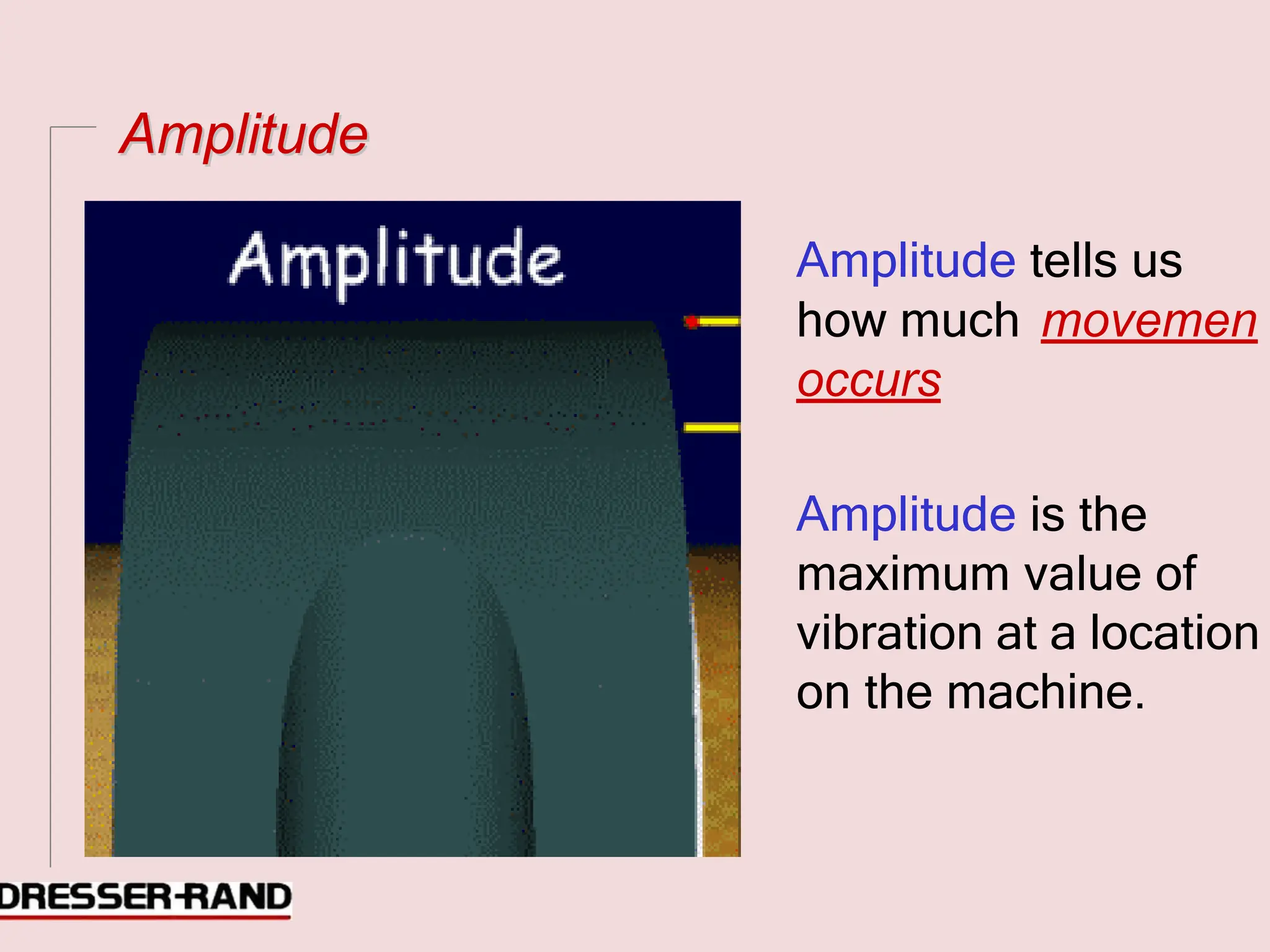 A
Am
mp
pl
li
it
tu
ud
de
e
Amplitude tells us
how much movemen
occurs
Amplitude is the
maximum value of
vibration at a location
on the machine.
 