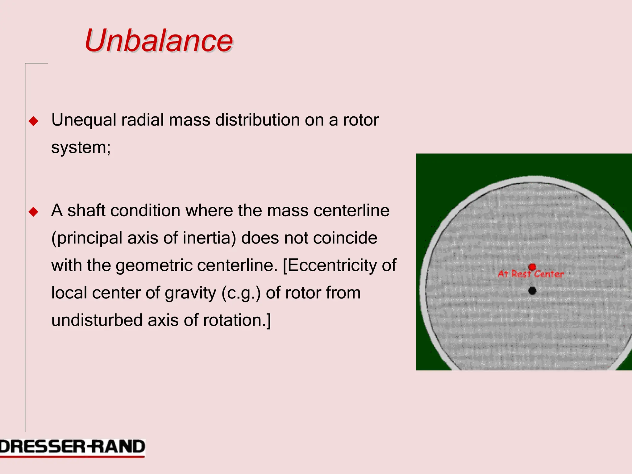 U
Un
nb
ba
al
la
an
nc
ce
e
◆ Unequal radial mass distribution on a rotor
system;
◆ A shaft condition where the mass centerline
(principal axis of inertia) does not coincide
with the geometric centerline. [Eccentricity of
local center of gravity (c.g.) of rotor from
undisturbed axis of rotation.]
 