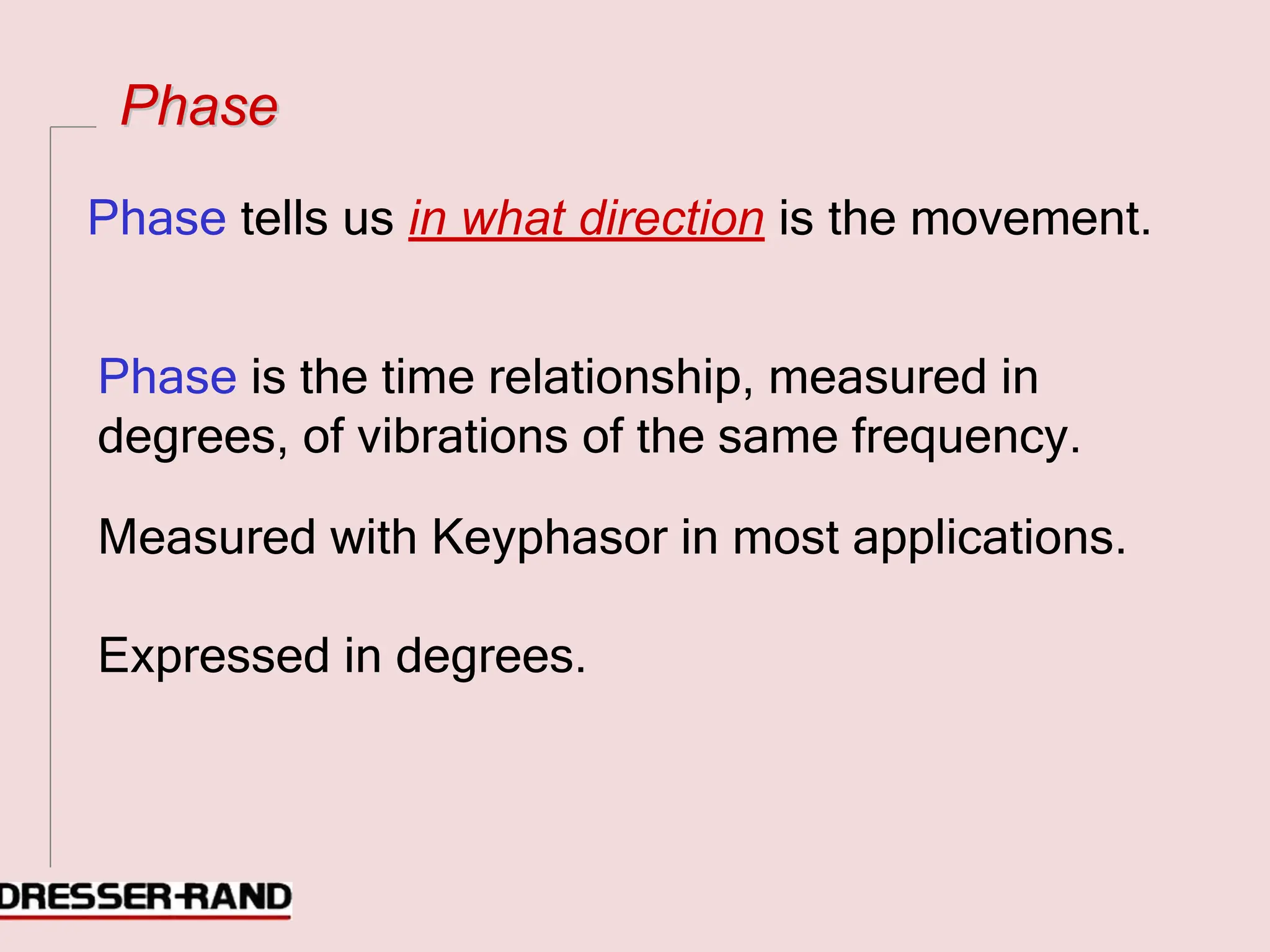 P
Ph
ha
as
se
e
Phase tells us in what direction is the movement.
Phase is the time relationship, measured in
degrees, of vibrations of the same frequency.
Measured with Keyphasor in most applications.
Expressed in degrees.
 