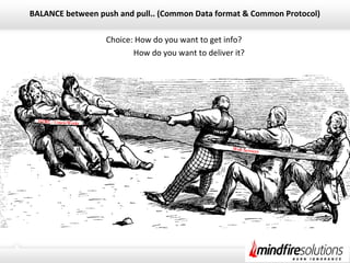 BALANCE between push and pull.. (Common Data format & Common Protocol)
Choice: How do you want to get info?
How do you want to deliver it?
 