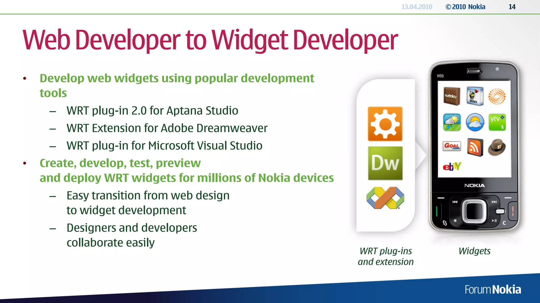 13.04.2010   © 2010 Nokia   14




Web Developer to Widget Developer
•   Develop web widgets using popular development
    tools
     – WRT plug-in 2.0 for Aptana Studio
     – WRT Extension for Adobe Dreamweaver
     – WRT plug-in for Microsoft Visual Studio
•   Create, develop, test, preview
    and deploy WRT widgets for millions of Nokia devices
     – Easy transition from web design
       to widget development
     – Designers and developers
       collaborate easily
                                                           WRT plug-ins              Widgets
                                                           and extension
 