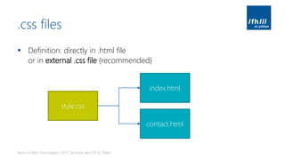 .css files
▪ Definition: directly in .html file
or in external .css file (recommended)
Basics of Web Technologies | 2017 | Andreas Jakl | FH St. Pölten
style.css
index.html
contact.html
 
