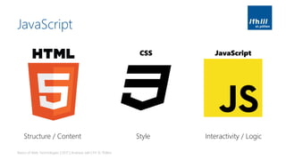 JavaScript
Basics of Web Technologies | 2017 | Andreas Jakl | FH St. Pölten
Structure / Content Style Interactivity / Logic
CSS JavaScript
 