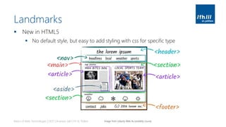 Landmarks
▪ New in HTML5
▪ No default style, but easy to add styling with css for specific type
Basics of Web Technologies | 2017 | Andreas Jakl | FH St. Pölten Image from Udacity Web Accessibility course
 