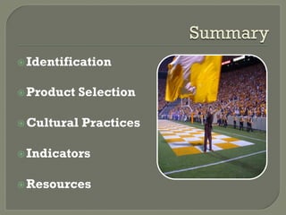 Summary
 Identification


 Product   Selection

 Cultural   Practices

 Indicators


 Resources
 