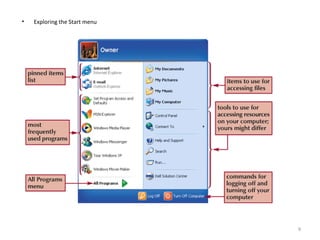 • Exploring the Start menu
9
 