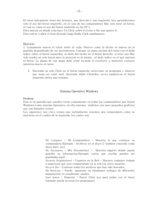 -5-

El raton tipicamente tiene dos botones, uno derecho e uno izquierdo, hoy aprenderemos
solo el uso del boton izquierdo, en el caso de las computadoras Mac solo tiene un boton,
el cual es como el uso del boton izquierdo en las PC’s.
Para marcar en donde esta hace Un Click sobre el icono o file que quiere ir.
Para entrar o abrir el item deseado haga Doble Click rapidamente.


Ejercicio:
1. Lentamente mueva el raton sobre el cojin. Obseve como la flecha se mueve en la
pantalla dependiendo de tus movimientos. Coloque su mano encima del raton con el dedo
indice sobre el boton izquierdoy su dedo del medio en el boton derecho, si tiene una Mac
solo tendra un solo boton pero la posicion es la misma , el dedo indice es el que operara
el boton. La planta de sun mano debe estar tocando el escritorio y mantener contacto
mientras mueve el raton.

   1. Haciendo un solo Click en el boton izquierdo seleccione un programa y observe
      que toma un color azul. Hacienda doble Click(dos veces rapido)con el boton
      izquierdo abrira una ventana.




                             Sistema Operativo Windows

Desktop
Esta es la pantalla que ustedes veran comunmente en todas las computadoras que tienen
Windows como sistema Operativo, en ella tenemos simbolos con unos pequeños graficios
que son llamados iconos.
Los siguientes son cinco iconos que normalmente tenemos una computadora como se
muestran en el cuadro de la izquierda, los cuales son:




                 My Computer – Mi Computadora – Muestra lo que contiene su
                 computadora.(Ejemplo : Archivos en el disco C tambien conocido como
                 disco duro, etc).
                 My Documents – Mis Documentos - Muestra lugares donde puede
                 guarder su informacion,(Ejemplo cartas que escribe pueden ser
                 guardadas aqui)
                 Network Neighborhood – Usuarios en la Red – Muestra cualquier trabajo
                 o impresora que esta compartiendo en la red con otros usuarios.
                 Recycle Bin – Contiene todos los archivos que han sido borrados.
                 My Briefcase – Puede mantener en simultaneo trabajos de diferentes
                 maquinas(no es usualmente usados.
                 Start button – Empezar – Hacer Click aca para poder ver el menu
                 (ejemplo puede accesar los programas).
 