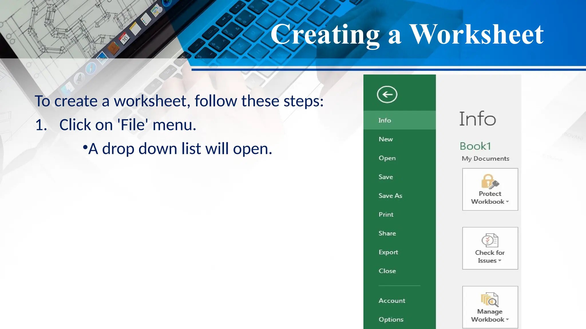 Creating a Worksheet
To create a worksheet, follow these steps:
1. Click on 'File' menu.
•A drop down list will open.
 