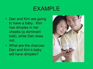 EXAMPLE
• Dan and Kim are going
to have a baby. Kim
has dimples in her
cheeks (a dominant
trait), while Dan does
not.
• What are the chances
Dan and Kim’s baby
will have dimples?
 