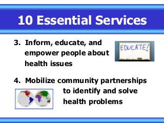 10 Essential Services
3. Inform, educate, and
empower people about
health issues
4. Mobilize community partnerships
to identify and solve
health problems
 