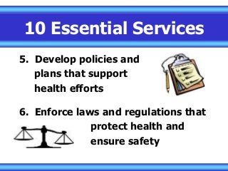 10 Essential Services
5. Develop policies and
plans that support
health efforts
6. Enforce laws and regulations that
protect health and
ensure safety
 
