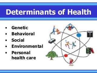 Determinants of Health
• Genetic
• Behavioral
• Social
• Environmental
• Personal
health care
 