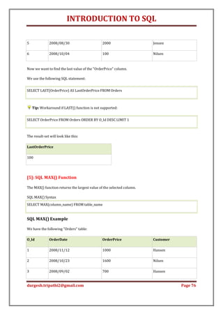 INTRODUCTION TO SQL

5              2008/08/30                      2000                    Jensen

6              2008/10/04                      100                     Nilsen


Now we want to find the last value of the "OrderPrice" column.

We use the following SQL statement:


SELECT LAST(OrderPrice) AS LastOrderPrice FROM Orders



    Tip: Workaround if LAST() function is not supported:


SELECT OrderPrice FROM Orders ORDER BY O_Id DESC LIMIT 1



The result-set will look like this:

LastOrderPrice

100




[5]: SQL MAX() Function

The MAX() function returns the largest value of the selected column.

SQL MAX() Syntax
SELECT MAX(column_name) FROM table_name


SQL MAX() Example

We have the following "Orders" table:

O_Id           OrderDate                       OrderPrice              Customer

1              2008/11/12                      1000                    Hansen

2              2008/10/23                      1600                    Nilsen

3              2008/09/02                      700                     Hansen


durgesh.tripathi2@gmail.com                                                       Page 76
 