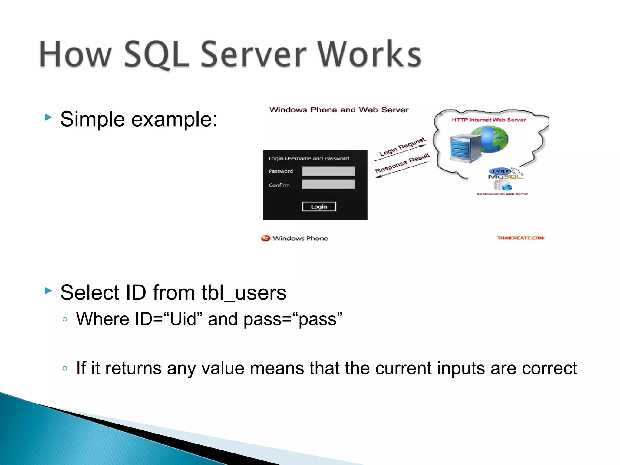  Simple example:
 Select ID from tbl_users
◦ Where ID=“Uid” and pass=“pass”
◦ If it returns any value means that the current inputs are correct
 