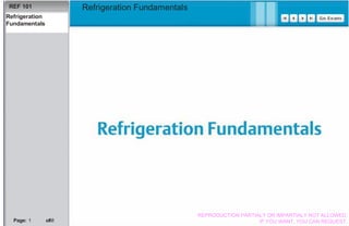 REF 101              Refrigeration Fundamentals
Refrigeration
Fundamentals




                                                   REPRODUCTION PARTIALY OR IMPARTIALY NOT ALLOWED.
  Page: 1       of
                 88                                                   IF YOU WANT, YOU CAN REQUEST.
 