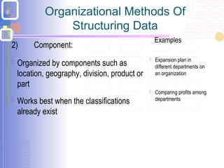 Organizational Methods Of
Structuring Data
2) Component:
 Organized by components such as
location, geography, division, product or
part
 Works best when the classifications
already exist
Examples
 Expansion plan in
different departments on
an organization
 Comparing profits among
departments
 