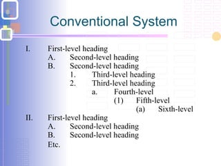 I. First-level heading
A. Second-level heading
B. Second-level heading
1. Third-level heading
2. Third-level heading
a. Fourth-level
(1) Fifth-level
(a) Sixth-level
II. First-level heading
A. Second-level heading
B. Second-level heading
Etc.
Conventional System
 