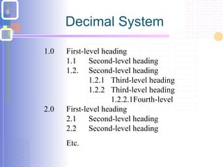 1.0 First-level heading
1.1 Second-level heading
1.2. Second-level heading
1.2.1 Third-level heading
1.2.2 Third-level heading
1.2.2.1Fourth-level
2.0 First-level heading
2.1 Second-level heading
2.2 Second-level heading
Etc.
Decimal System
 