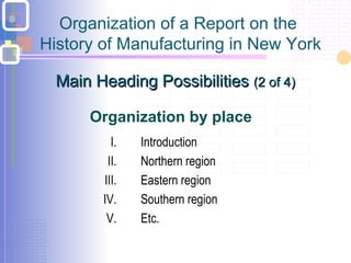 Organization of a Report on the
History of Manufacturing in New York
I. Introduction
II. Northern region
III. Eastern region
IV. Southern region
V. Etc.
Organization by place
Main Heading PossibilitiesMain Heading Possibilities (2 of 4)(2 of 4)
 