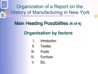Organization of a Report on the
History of Manufacturing in New York
I. Introduction
II. Textiles
III. Foods
IV. Furniture
V. Etc.
Organization by factors
Main Heading PossibilitiesMain Heading Possibilities (4 of 4)(4 of 4)
 