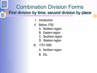 Combination Division Forms
First division by time; second division by placeFirst division by time; second division by place
I. Introduction
II. Before 1750
A. Northern region
B. Eastern region
C. Southern region
D. Western region
III. 1751-1800
A. Northern region
B. Etc.
 