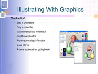 Illustrating With Graphics
Why Graphics?
 Easy to understand
Easy to remember
Make numerical data meaningful
Simplify complex idea
Provide summarized information
Visual interest
Protects audience from getting bored
 