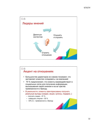 6/16/14	
  
12	
  
Лидеры мнений
Слышать
и слушать
Строить
отношения
Делиться
контентом
Акцент на отношениях
•  Большинство директоров не совсем понимают, что
заставляет клиентов «следовать» за компанией
•  70 % предполагают, что клиенты взаимодействуют в
социальных сетях для получения информации,
высказывания своего мнения и из-за чувство
привязанности к бренду.
•  В реальности, клиенты заинтересованы получать
реальные выгоды (скидки, акции, купоны, подарки..)
–  получать скидки – 61 %
–  совершать покупки – 55 %
–  33% (!) – привязанность к бренду
 
