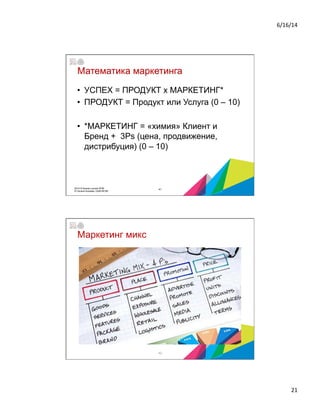 6/16/14	
  
21	
  
Математика маркетинга
•  УСПЕХ = ПРОДУКТ х МАРКЕТИНГ*
•  ПРОДУКТ = Продукт или Услуга (0 – 10)
•  *МАРКЕТИНГ = «химия» Клиент и
Бренд + 3Ps (цена, продвижение,
дистрибуция) (0 – 10)
412014 © Бизнес-школа ИПМ
© Оксана Князева, DipM MCIM
Маркетинг микс
42
 