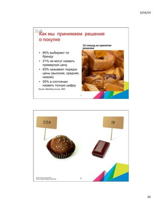 6/16/14	
  
24	
  
Как мы принимаем решение
о покупке
•  85% выбирают по
бренду
•  21% не могут назвать
примерную цену
•  93% называют порядок
цены (высокая, средняя,
низкая)
•  50% в состоянии
назвать точную цифру
12	
  секунд	
  на	
  принятие	
  
решения	
  
Source: Marketing Course, WBS
47
482014 © Бизнес-школа ИПМ
2014 © Оксана Князева, DipM MCIM
 