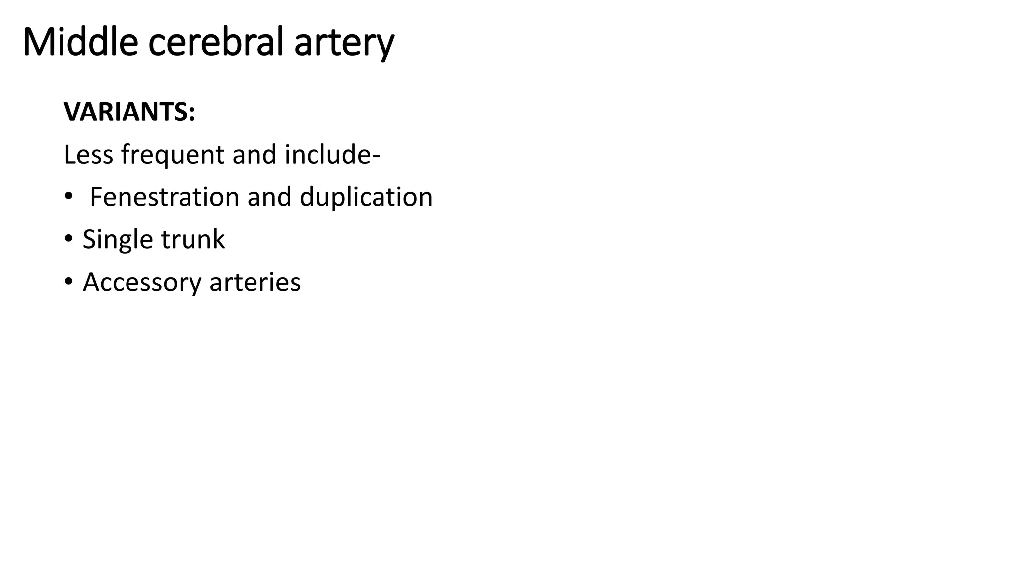 Middle cerebral artery
VARIANTS:
Less frequent and include-
• Fenestration and duplication
• Single trunk
• Accessory arteries
 