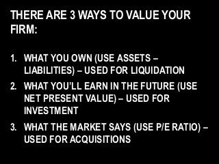THERE ARE 3 WAYS TO VALUE YOUR
FIRM:
1. WHAT YOU OWN (USE ASSETS –
LIABILITIES) – USED FOR LIQUIDATION
2. WHAT YOU’LL EARN IN THE FUTURE (USE
NET PRESENT VALUE) – USED FOR
INVESTMENT
3. WHAT THE MARKET SAYS (USE P/E RATIO) –
USED FOR ACQUISITIONS
 