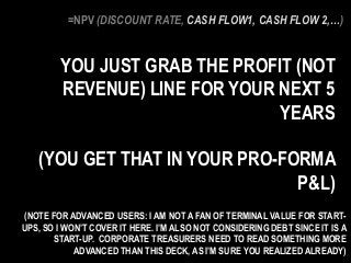 YOU JUST GRAB THE PROFIT (NOT
REVENUE) LINE FOR YOUR NEXT 5
YEARS
(YOU GET THAT IN YOUR PRO-FORMA
P&L)
(NOTE FOR ADVANCED USERS: I AM NOT A FAN OF TERMINAL VALUE FOR START-
UPS, SO I WON’T COVER IT HERE. I’M ALSO NOT CONSIDERING DEBT SINCE IT IS A
START-UP. CORPORATE TREASURERS NEED TO READ SOMETHING MORE
ADVANCED THAN THIS DECK, AS I’M SURE YOU REALIZED ALREADY)
=NPV (DISCOUNT RATE, CASH FLOW1, CASH FLOW 2,…)
 