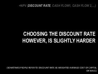 CHOOSING THE DISCOUNT RATE
HOWEVER, IS SLIGHTLY HARDER
=NPV (DISCOUNT RATE, CASH FLOW1, CASH FLOW 2,…)
(SOMETIMES PEOPLE REFER TO DISCOUNT RATE AS WEIGHTED AVERAGE COST OF CAPITAL
OR WACC)
 