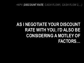 AS I NEGOTIATE YOUR DISCOUNT
RATE WITH YOU, I’D ALSO BE
CONSIDERING A MOTLEY OF
FACTORS…
=NPV (DISCOUNT RATE, CASH FLOW1, CASH FLOW 2,…)
 