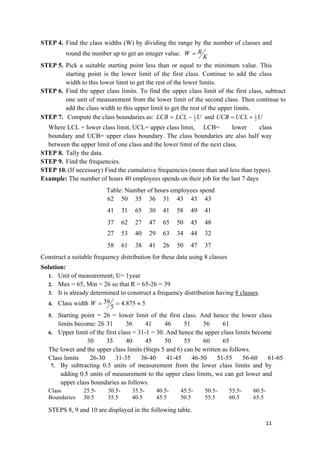 STEP 4. Find the class widths (W) by dividing the range by the number of classes and
round the number up to get an integer value.
K
RW =
STEP 5. Pick a suitable starting point less than or equal to the minimum value. This
starting point is the lower limit of the first class. Continue to add the class
width to this lower limit to get the rest of the lower limits.
STEP 6. Find the upper class limits. To find the upper class limit of the first class, subtract
one unit of measurement from the lower limit of the second class. Then continue to
add the class width to this upper limit to get the rest of the upper limits.
STEP 7. Compute the class boundaries as: ULCLLCB 2
1
−= and UUCLUCB 2
1
+=
Where LCL = lower class limit, UCL= upper class limit, LCB= lower class
boundary and UCB= upper class boundary. The class boundaries are also half way
between the upper limit of one class and the lower limit of the next class.
STEP 8. Tally the data.
STEP 9. Find the frequencies.
STEP 10. (If necessary) Find the cumulative frequencies (more than and less than types).
Example: The number of hours 40 employees spends on their job for the last 7 days
Table: Number of hours employees spend
62 50 35 36 31 43 43 43
41 31 65 30 41 58 49 41
37 62 27 47 65 50 45 48
27 53 40 29 63 34 44 32
58 61 38 41 26 50 47 37
Construct a suitable frequency distribution for these data using 8 classes
Solution:
1. Unit of measurement; U= 1year
2. Max = 65, Min = 26 so that R = 65-26 = 39
3. It is already determined to construct a frequency distribution having 8 classes.
4. Class width 5875.4
5
39 ≈==W
5. Starting point = 26 = lower limit of the first class. And hence the lower class
limits become: 26 31 36 41 46 51 56 61
6. Upper limit of the first class = 31-1 = 30. And hence the upper class limits become
30 35 40 45 50 55 60 65
The lower and the upper class limits (Steps 5 and 6) can be written as follows.
Class limits 26-30 31-35 36-40 41-45 46-50 51-55 56-60 61-65
7. By subtracting 0.5 units of measurement from the lower class limits and by
adding 0.5 units of measurement to the upper class limits, we can get lower and
upper class boundaries as follows.
Class
Boundaries
25.5-
30.5
30.5-
35.5
35.5-
40.5
40.5-
45.5
45.5-
50.5
50.5-
55.5
55.5-
60.5
60.5-
65.5
STEPS 8, 9 and 10 are displayed in the following table.
11 
 
 