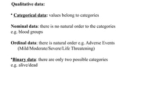 Qualitative data:
• Categorical data: values belong to categories
Nominal data: there is no natural order to the categories
e.g. blood groups
Ordinal data: there is natural order e.g. Adverse Events
(Mild/Moderate/Severe/Life Threatening)
•Binary data: there are only two possible categories
e.g. alive/dead
 