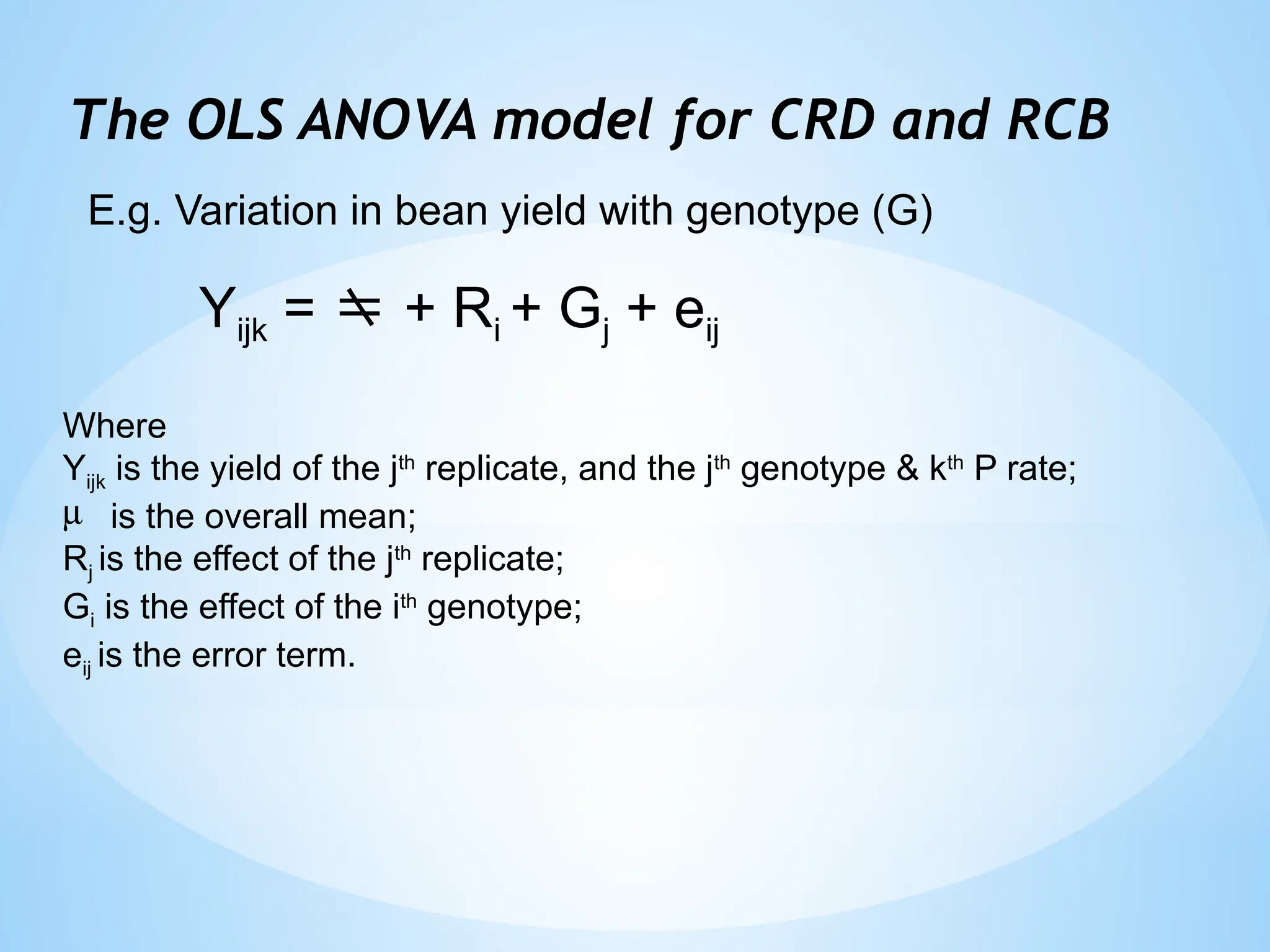The OLS ANOVA model for CRD and RCB
Yijk =  + Ri + Gj + eij
Where
Yijk is the yield of the jth
replicate, and the jth
genotype & kth
P rate;
m is the overall mean;
Rj is the effect of the jth
replicate;
Gi is the effect of the ith
genotype;
eij is the error term.
E.g. Variation in bean yield with genotype (G)
 