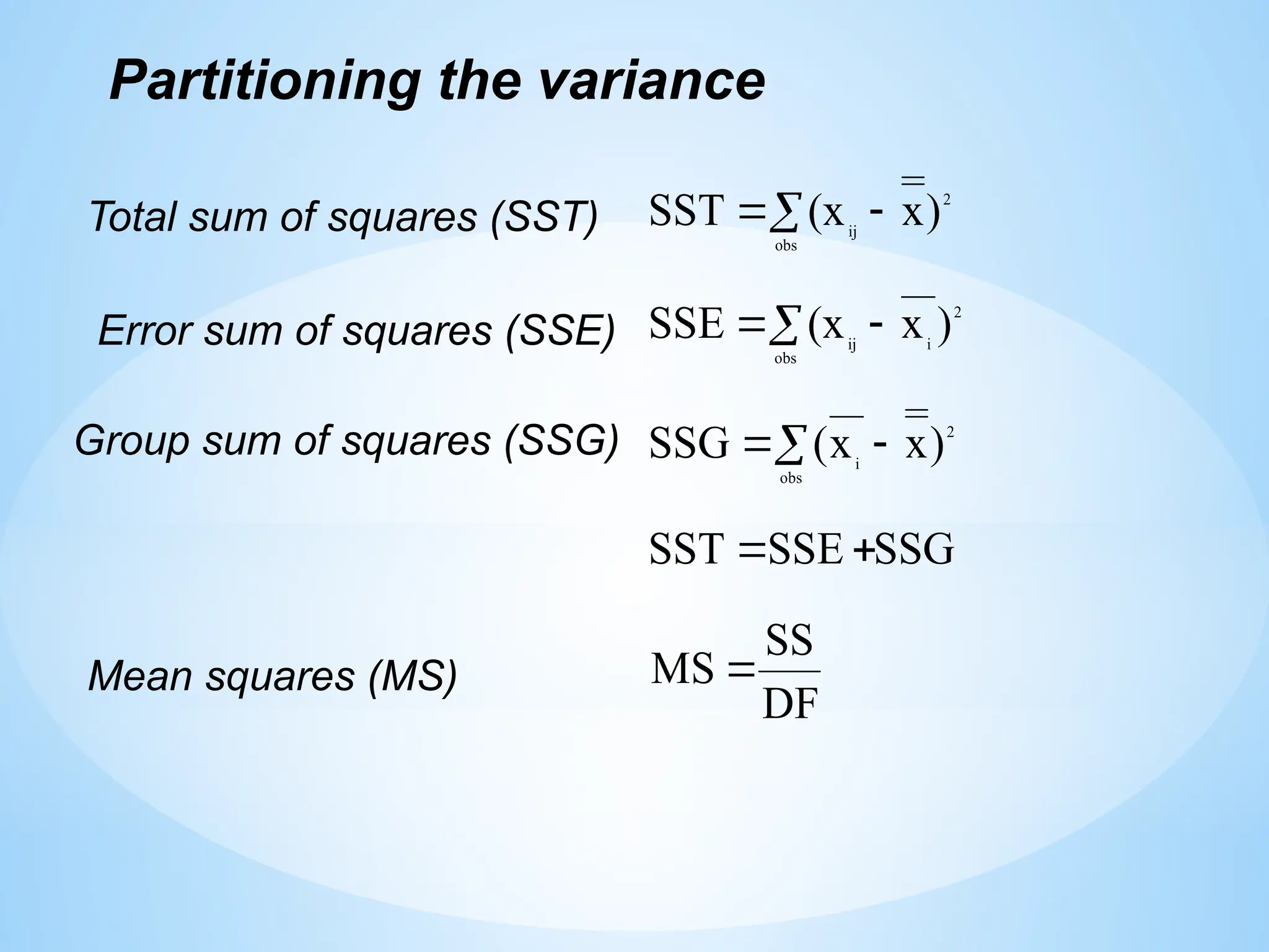 Partitioning the variance
DF
SS
MS
SSG
SSE
SST
)
x
x
(
SSG
)
x
(x
SSE
)
x
(x
SST
2
obs
i
obs
2
i
ij
2
obs
ij












Total sum of squares (SST)
Error sum of squares (SSE)
Group sum of squares (SSG)
Mean squares (MS)
 