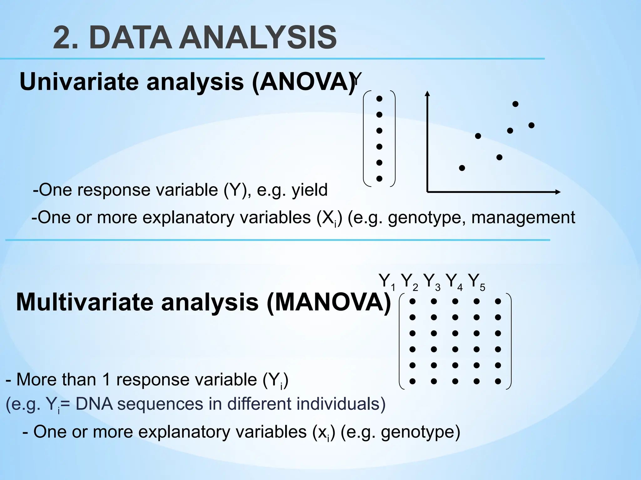 -One response variable (Y), e.g. yield
-One or more explanatory variables (Xi) (e.g. genotype, management
- More than 1 response variable (Yi)
(e.g. Yi= DNA sequences in different individuals)
- One or more explanatory variables (xi) (e.g. genotype)
Y
Y1 Y2 Y3 Y4 Y5
Univariate analysis (ANOVA)
Multivariate analysis (MANOVA)
2. DATA ANALYSIS
 