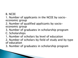 B. NCEE
1. Number of applicants in the NCEE by socioeconomic group
2. Number of qualified applicants by socioeconomic group
3. Number of graduates in scholarship program
C. Scholarships
1. Number of scholars by level of education
2. Number of scholars by field of study and by type
of education
3. Number of graduates in scholarship program

 