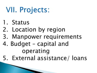 1.
2.
3.
4.

Status
Location by region
Manpower requirements
Budget – capital and
operating
5. External assistance/ loans

 