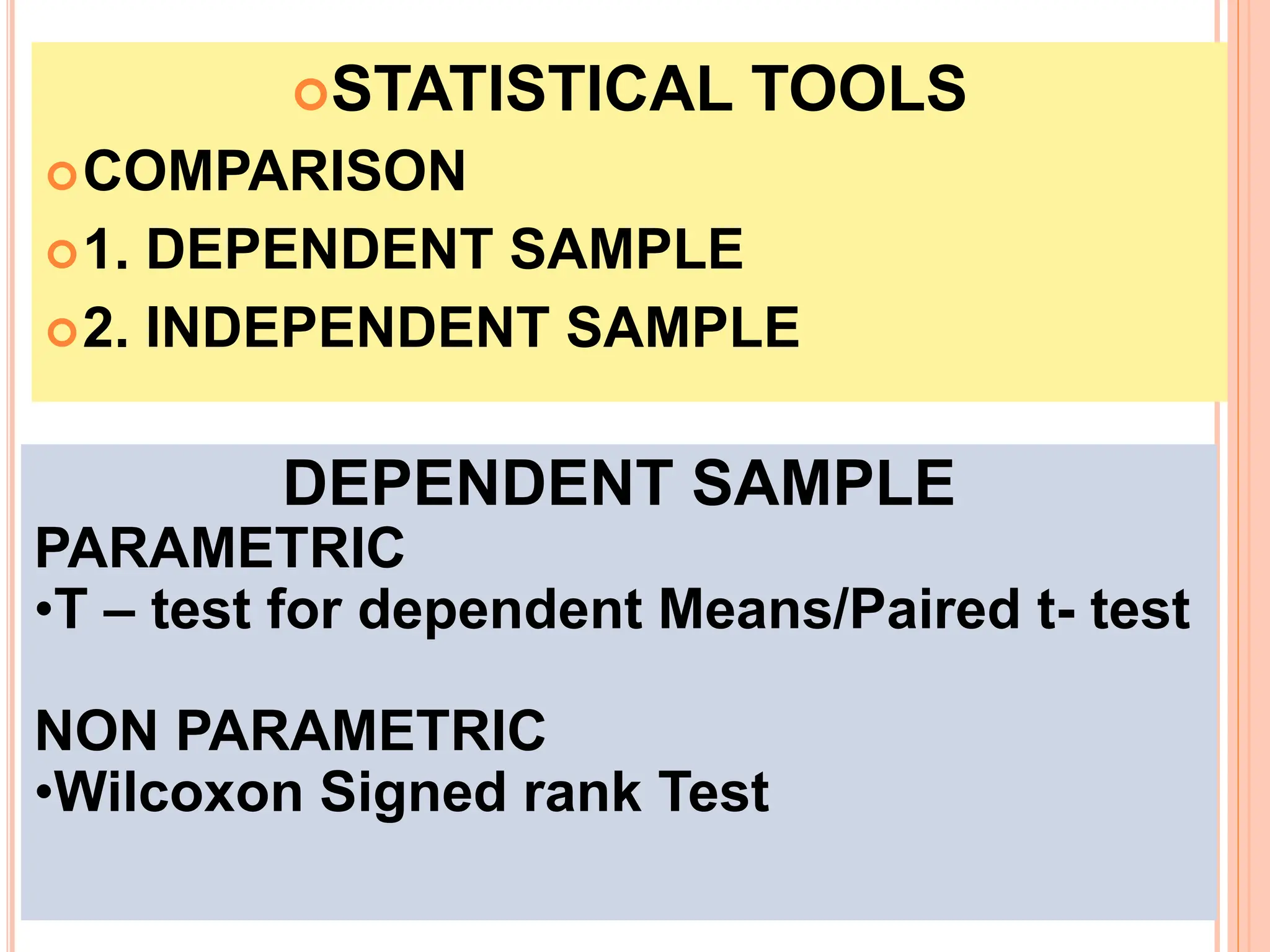 STATISTICAL TOOLS
COMPARISON
1. DEPENDENT SAMPLE
2. INDEPENDENT SAMPLE
DEPENDENT SAMPLE
PARAMETRIC
•T – test for dependent Means/Paired t- test
NON PARAMETRIC
•Wilcoxon Signed rank Test
 