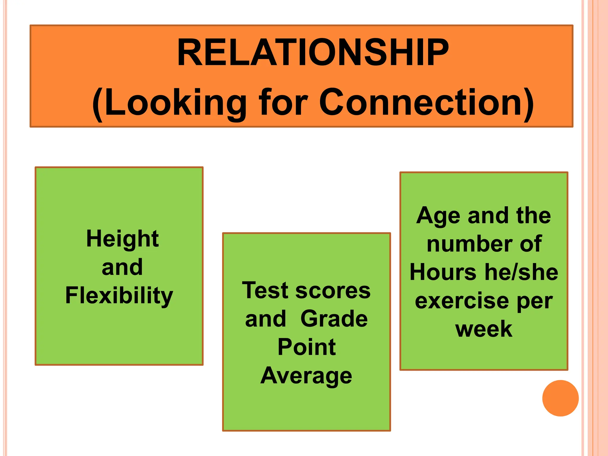 RELATIONSHIP
(Looking for Connection)
Height
and
Flexibility Test scores
and Grade
Point
Average
Age and the
number of
Hours he/she
exercise per
week
 