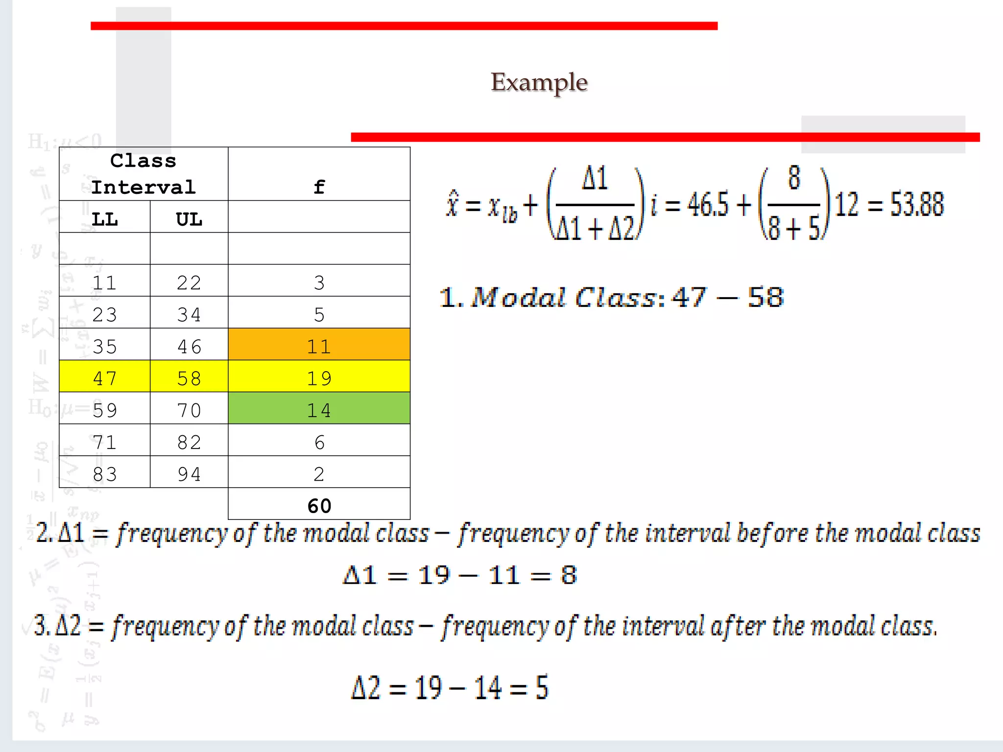 Example
Class
Interval f
LL UL
11 22 3
23 34 5
35 46 11
47 58 19
59 70 14
71 82 6
83 94 2
60
 