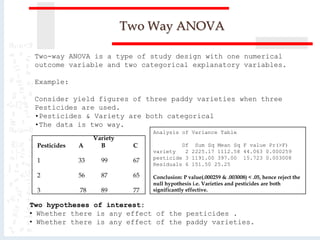 Two Way ANOVA
Two-way ANOVA is a type of study design with one numerical
outcome variable and two categorical explanatory variables.
Example:
Consider yield figures of three paddy varieties when three
Pesticides are used.
•Pesticides & Variety are both categorical
•The data is two way.
Variety
Pesticides A B C
1 33 99 67
2 56 87 65
3 78 89 77
Two hypotheses of interest:
• Whether there is any effect of the pesticides .
• Whether there is any effect of the paddy varieties.
Analysis of Variance Table
Df Sum Sq Mean Sq F value Pr(>F)
variety 2 2225.17 1112.58 44.063 0.000259
pesticide 3 1191.00 397.00 15.723 0.003008
Residuals 6 151.50 25.25
Conclusion: P value(.000259 & .003008) < .05, hence reject the
null hypothesis i.e. Varieties and pesticides are both
significantly effective.
 